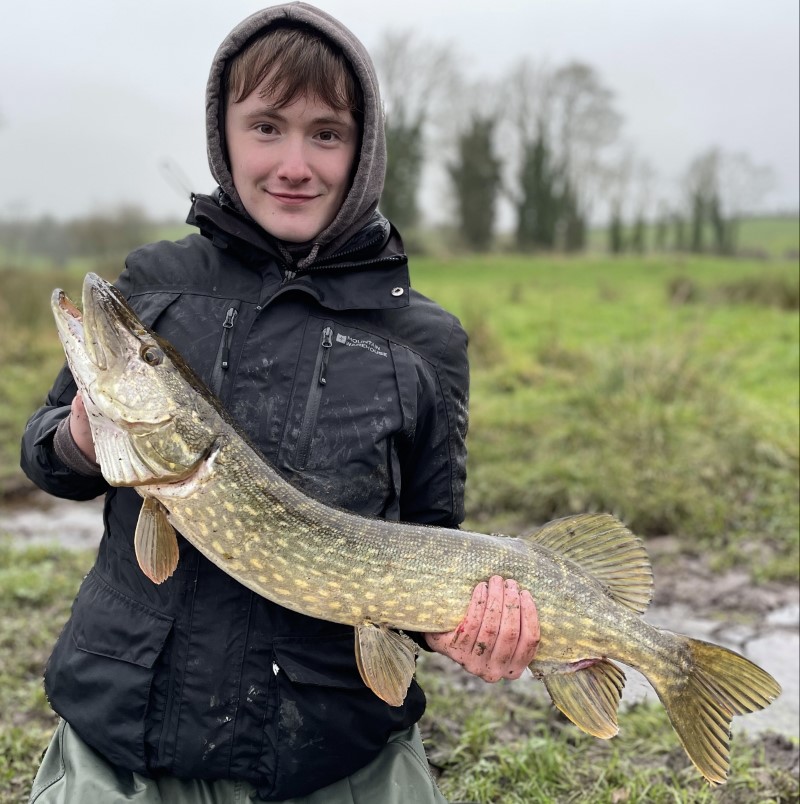 A fisherman holds a large northern pike with green scenery in the background.
