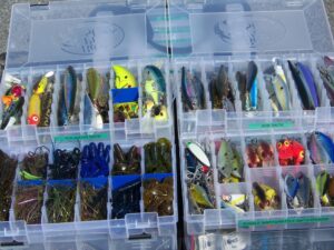 A selection of lures inside of a tackle box, specifically designed for bass fishing. 