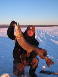 A large northern pike caught while ice fishing. 