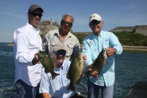 Three anglers each hold up their own bass while boat fishing.